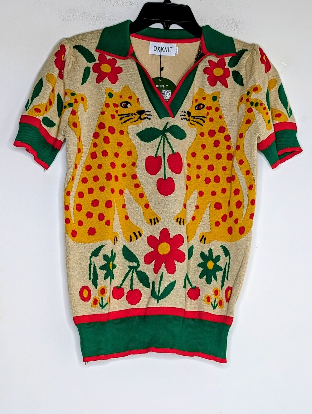 OXknit • Retro Leopard Botanical Knit Polo Shirt V-Neck size small NWT - Picture 2 of 7